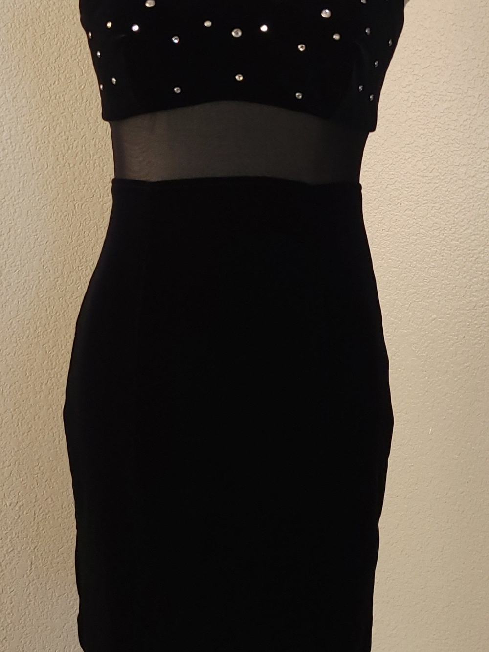 Vintage 90s Frederick's of Hollywood Black Velvet Rhinestone Mesh Cutout Xs